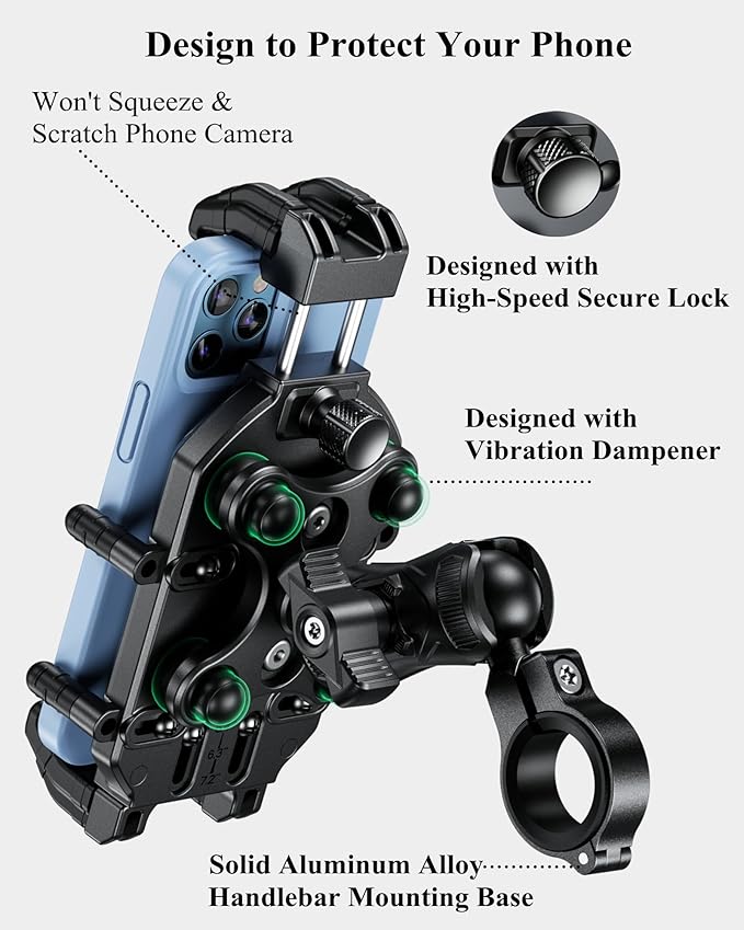 BRCOVAN Anti-Theft Motorcycle Phone Mount Holder with Vibration Dampener & High-Speed Secure Lock, Adjustable Size Handlebar Cellphone Cradle for Bike Bicycle Scooter ATV, Fit 5.4-7.2'' Smartphone