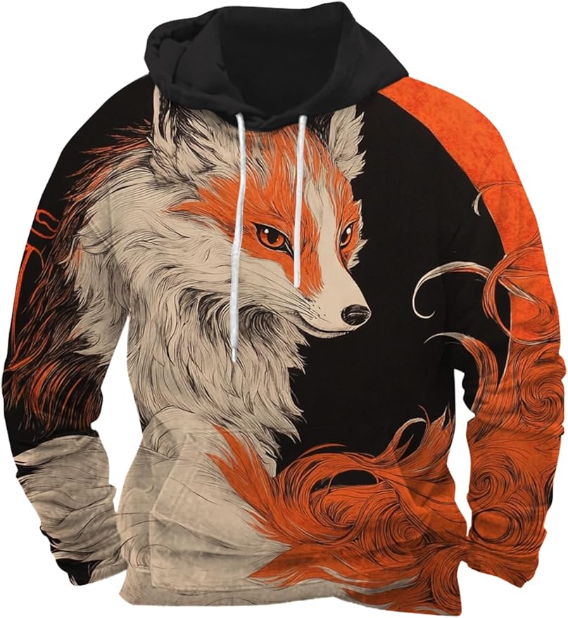Mens Animal Print Graphic Hoodies Casual Long Sleeve Japanese Art Style Hooded Sweatshirt Lightweight Pullover Tops