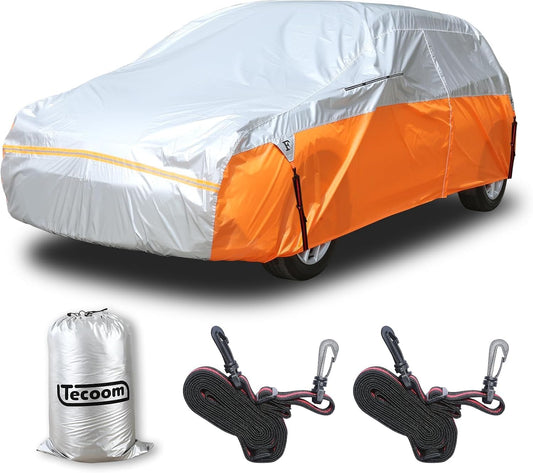 Tecoom Car Cover for Automobiles, Weatherproof Full Exterior Covers, Universal Car Tarp Covers w/Detachable Gust Straps for Toyota Corolla Ford Focus Chevrolet Sonic, Fit 160"-172" Hatchback