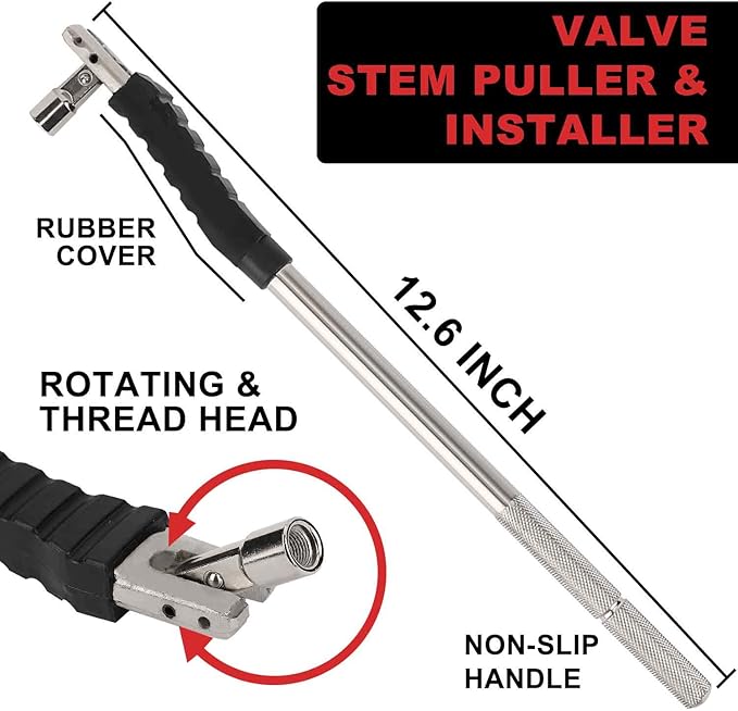 Hromee Tire Valve Stem Tool Puller and Installer Kit, 4PCS TR413 Tubeless Snap-in Valve Stem with Valve Stem Cores, Single Head Valve Core Remover and Slotted-Head Valve Cap