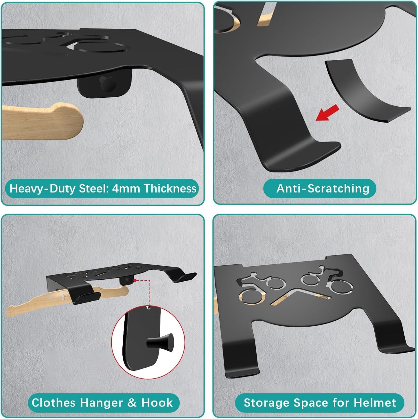 Bike Wall Mount Rack, Horizontal Bicycle Storage Hanger for Garage, Home, Apartment, Wall Mounted Bike Holder with Hook and Shelf for Cycling Accessories Organization, Heavy-Duty Metal