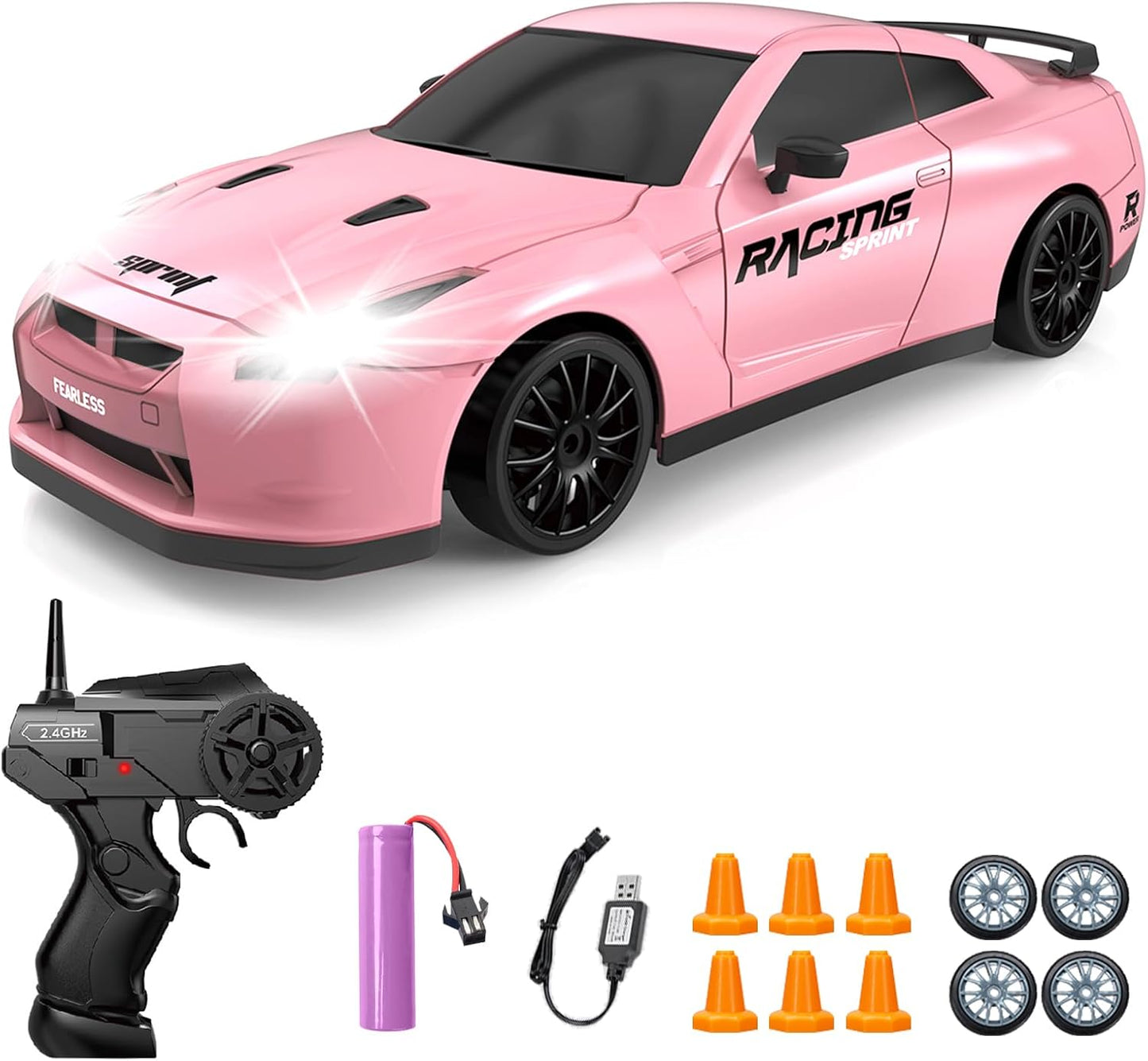RC Drift Car, 1/24 Pink Remote Control Car for Girls, 2.4GHz 4WD High Speed Drifting RC Cars with LED Light and Drift Tires, Racing Toy Cars for Kids Adults Girl Boys, Pink