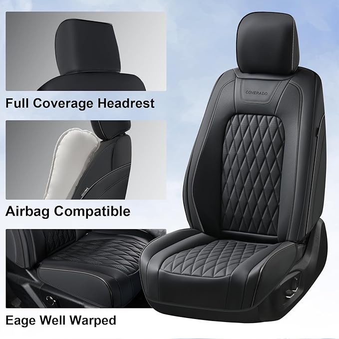 Coverado Leather Seat Cover, Custom Fit for Ford F150 Seat Covers, Ford F150 Truck Seat Covers Waterproof Fit for 2015-2025 F150 & 2017-2025 F250 F350 F450 Black - Front Pair