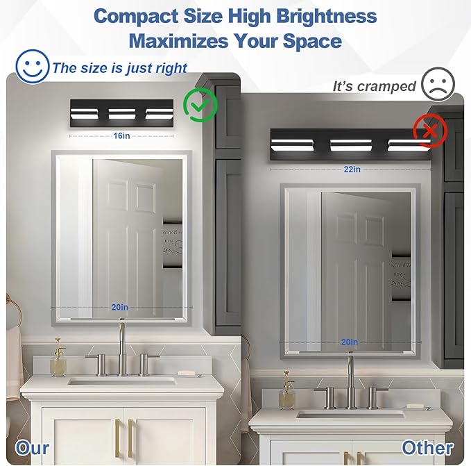 Modern LED Small Bathroom Lights Fixtures(3-Light),Metal Black Acrylic Wall Lighting,Vanity Lights for Bathroom Over Mirror(6000K 16in)