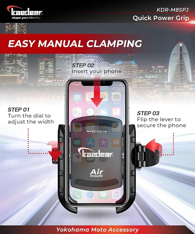 Kaedear Motorcycle Phone Holder, Phone Mount, Air Mount, Vibration Absorbing Mount, Quick Release, Power Grip, KDR-M8SPJ (Black)