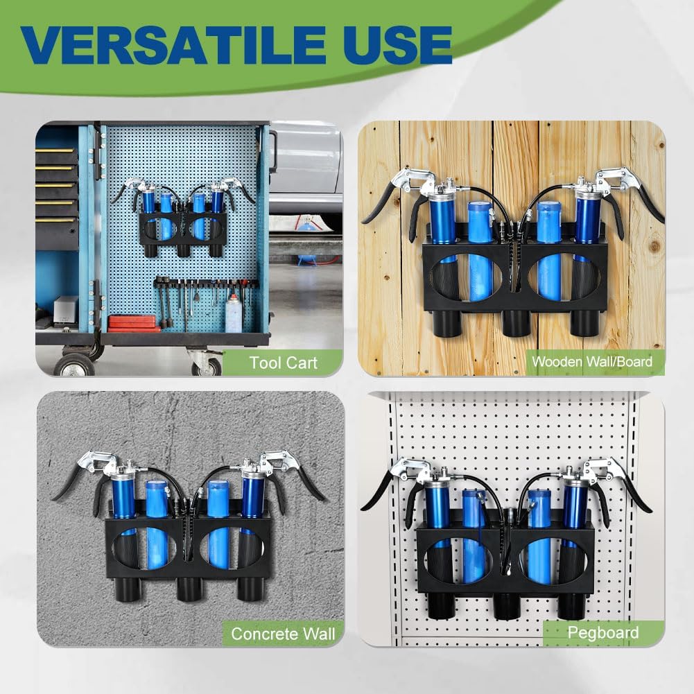 JDMON Grease Gun Holder Compatible with 2 Grease Guns, Grease Gun Rack Wall Mount Tractor, Grease Organizer, Grease Gun Storage with Removable Drip Cups & Spare Grease Tube Holder for Workshop, Garage