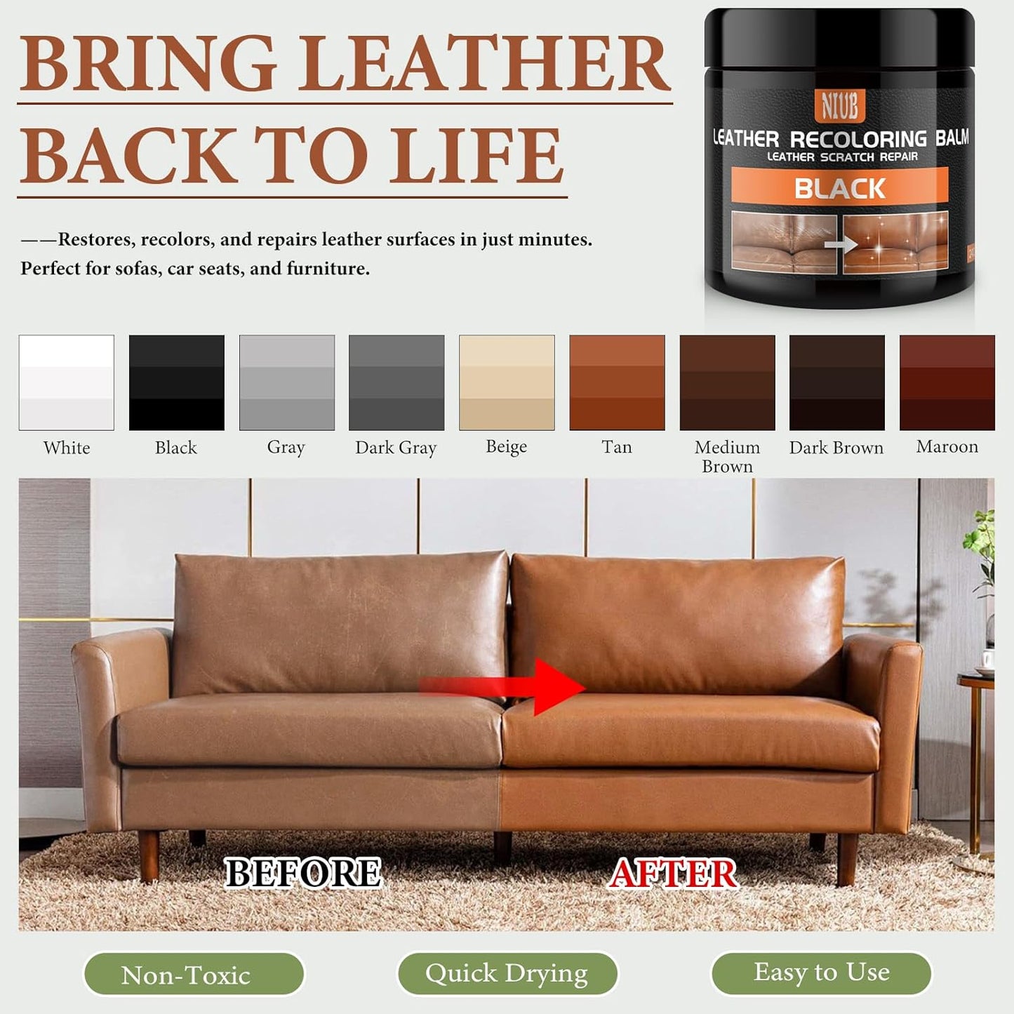 Leather Recoloring Balm Leather Color Restorer Scratch Repair Leather Paint for Furniture Couches Car Seats Shoes Bags Leather Dye and Restorer Restores Faded and Scratched Leather-TAN