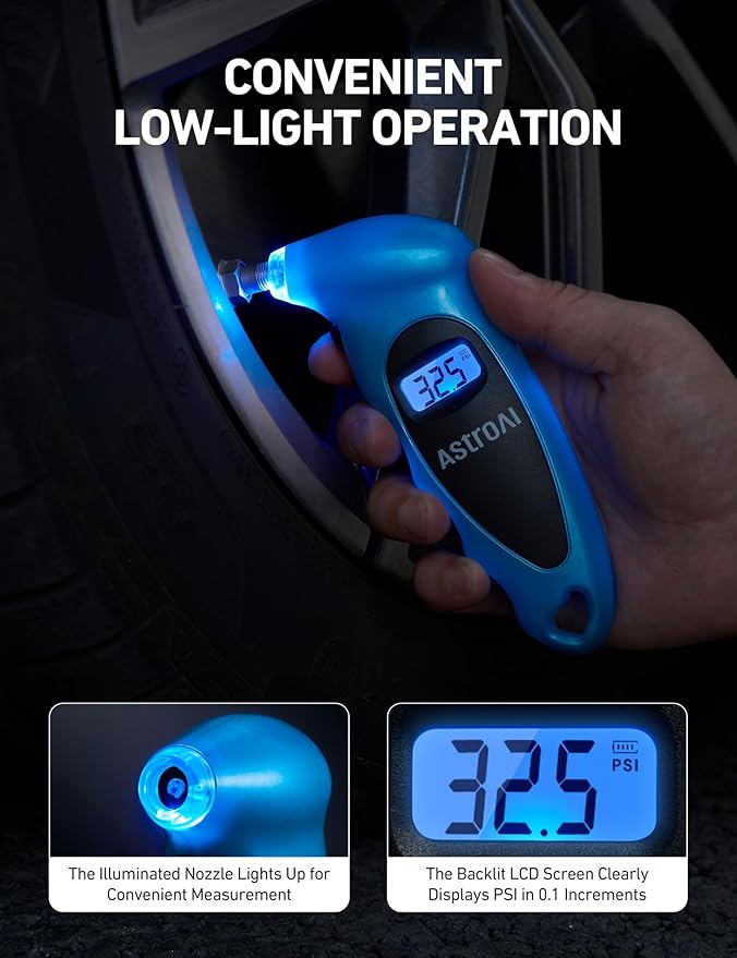 AstroAI Digital Tire Pressure Gauge 0-150PSI, Accurate in 0.1 Increments, Backlit LCD and Presta Valve Adaptor Included, 4 Units of Measurement for Car Truck Bicycle, Blue