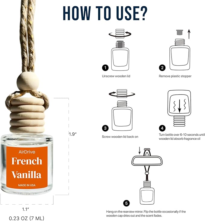Car Air Freshener French Vanilla 2 Pack - Sweet Aroma Diffuser, Long-Lasting Vanilla & Cake Hanging Oil Diffuser with Wooden Cap, Non-Toxic Rearview Mirror Accessory, Made in USA