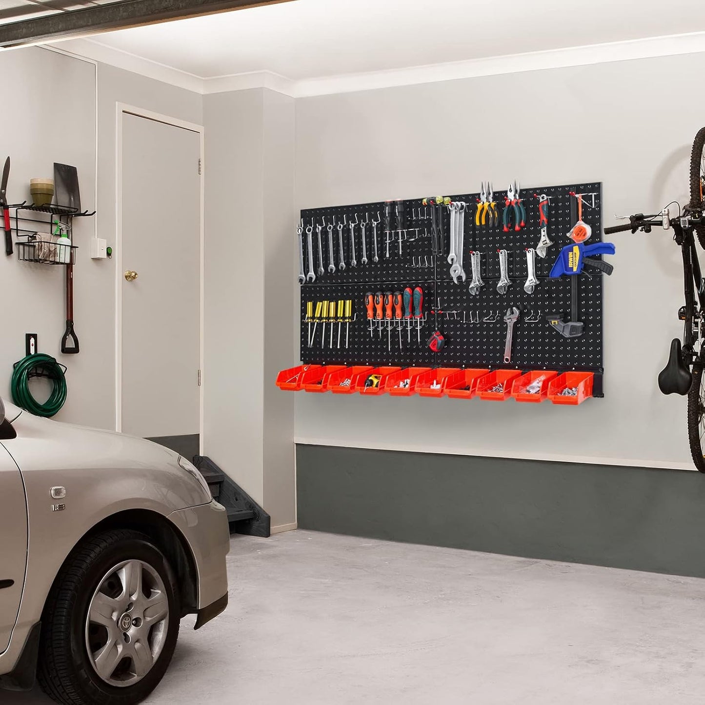 Ultrawall Pegboard Wall Organizer, Black Metal Pegboard Panels, Garage Storage System with Hooks and Storage Bins, 59pcs