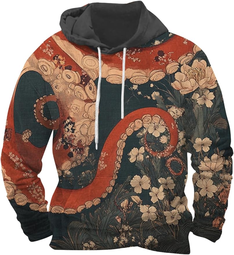 Mens Animal Print Graphic Hoodies Casual Long Sleeve Japanese Art Style Hooded Sweatshirt Lightweight Pullover Tops