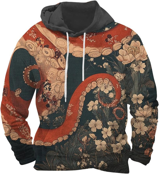 Mens Animal Print Graphic Hoodies Casual Long Sleeve Japanese Art Style Hooded Sweatshirt Lightweight Pullover Tops
