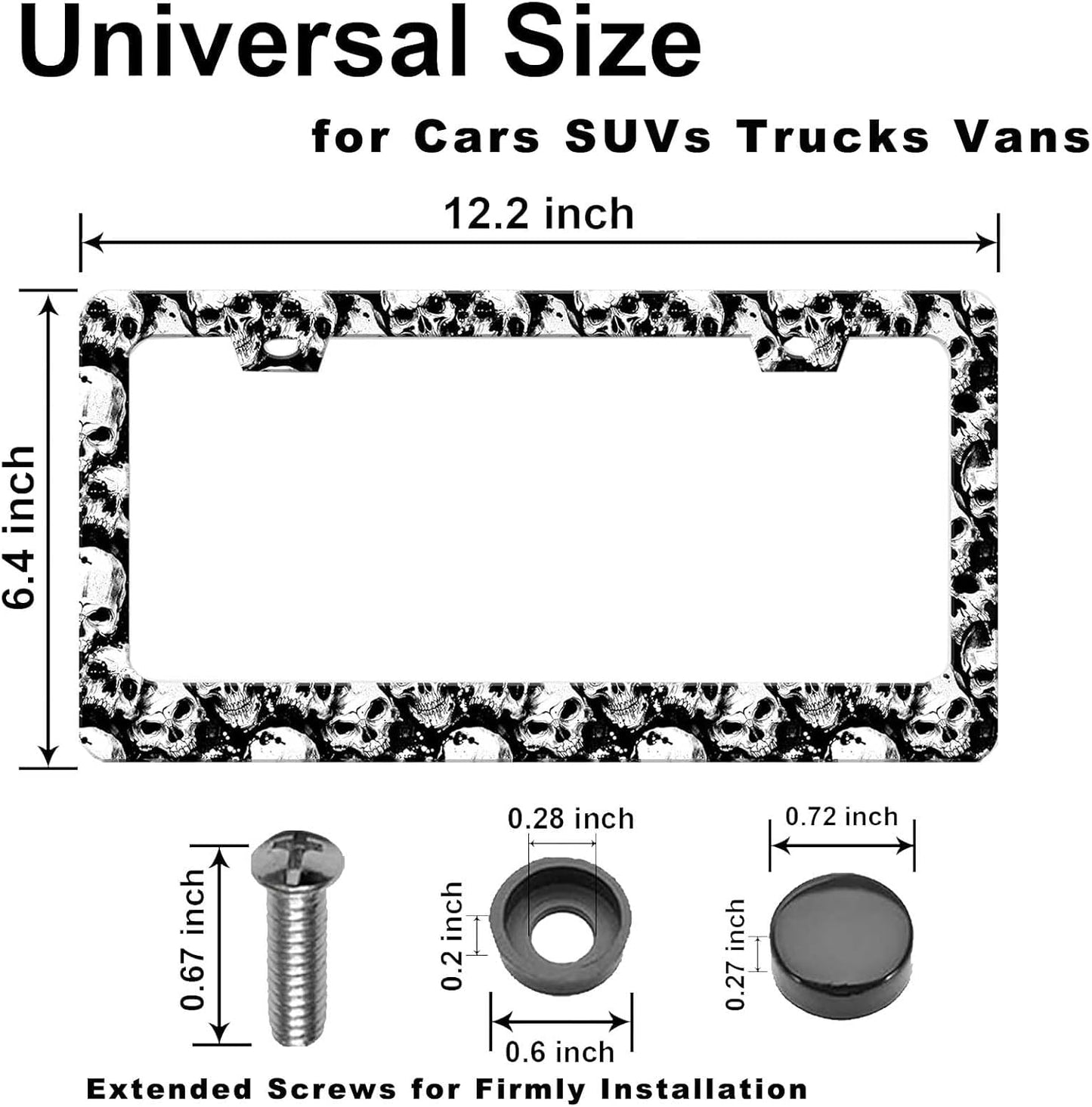 Skull License Plate Frame Black and White Skull License Plate Holder Cool Auto Accessory Car Decor Bracket Aluminum License Tag Plate with Anti-Theft Screw Caps-1Pcs