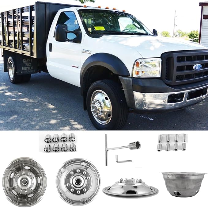 4pc 19.5" Polished Stainless Steel Dually Wheel Simulators,Nice Looking and Durable Bolt On Wheel Cover, 10 Lug 5 Hand Hole Hubcaps Fit for 2005-2021 Ford F450/F550 with Installation Tool 9F10