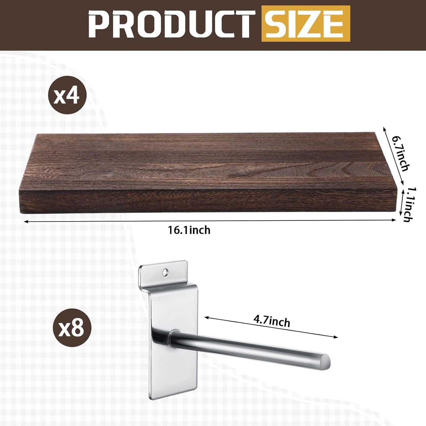 4 Pack Wooden Slatwall Shelf, 16.1" D x 6.7" W x 1.1" H Slatwall Shelves with Metal Hooks Organizer Set Mounted Accessories for Garage Home Workshop Workbench (Brown)