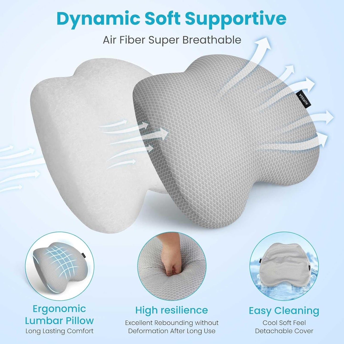 Lumbar Support Pillow Office Chair Car Back Pillow Ergonomic Lower Back Pain Relief Breathable Air Fiber Cushion with Hours Sitting on Worker Driver & Handicapped, Adjustable Strap (Light Grey)