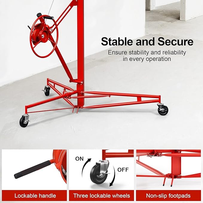11FT Drywall Lift Sheetrock Lift, 150LBS Capacity, Drywall Lift Panel Hoist with Black Telescopic Arm, Drywall Jack Lift with 3 Lockable Wheels for Home Improvement, 4'x16' Panel Size, Red