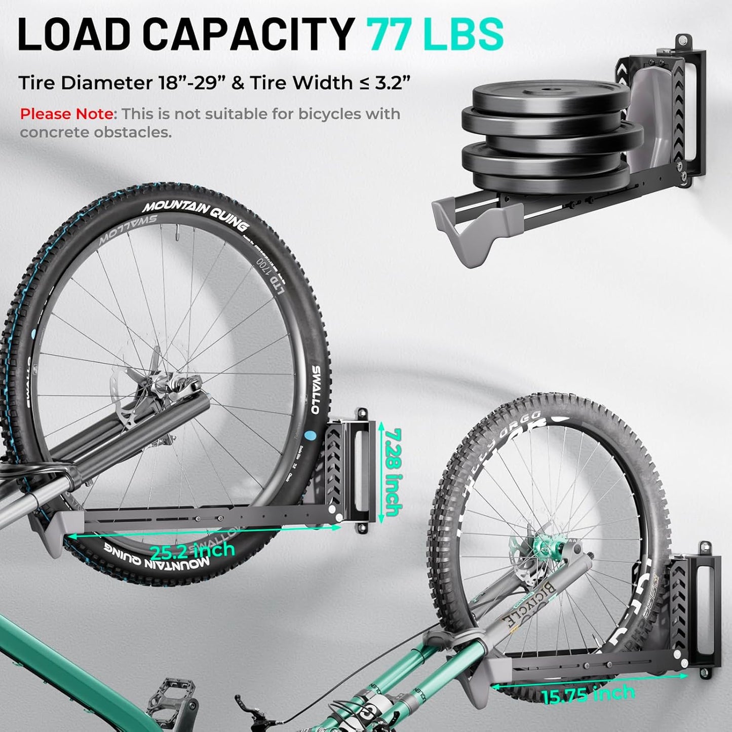 3-Pack Swivel Bike Rack Wall Mount, Bike Hangers for Garage, Space-Saving Vertical Bike Holder, Holds up to 77 lbs, Bicycle Wall Hanger Storage, No Heavy Lifting Required Indoor Hanging Bike Rack