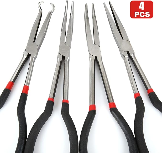 Long Needle Nose Pliers Set - 4 in 1 Bent Needle Nose Pliers 90 Degree - 11 inch Spark Plug Wire Removal Tool for Wire Bending,Shaping,Trimming
