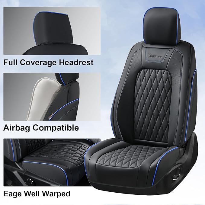 Coverado Leather Ford F150 Seat Covers Full Set, Automotive Seat Covers for Pick-up Truck, Waterproof Cushion Cover for 2015-2025 F150 and 2017-2025 F250 F350 F450 (Blue line)