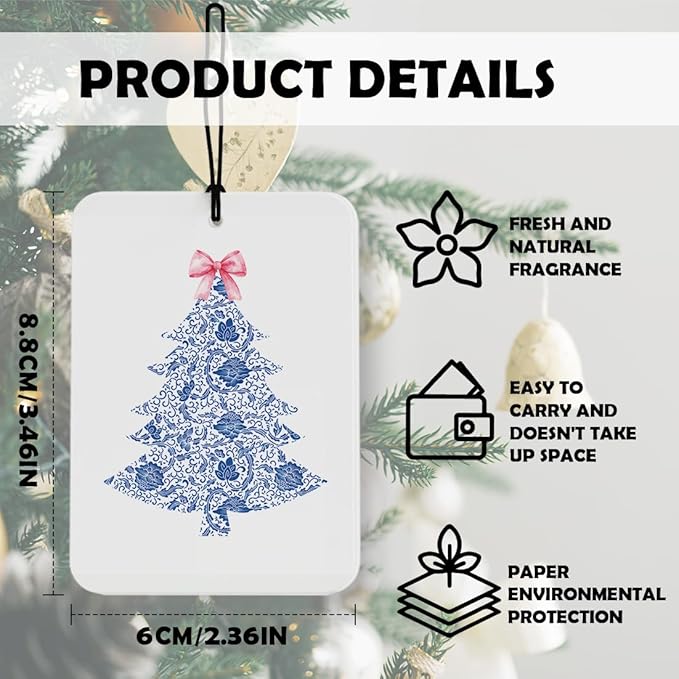 Blue and White Chinoiserie Christmas Tree Santa Car Air Freshener 3 Pcs, Coquette Grandmillennial Christmas Air Freshener Hanging Decor for Cars Closet Drawer Books Accessories Gifts