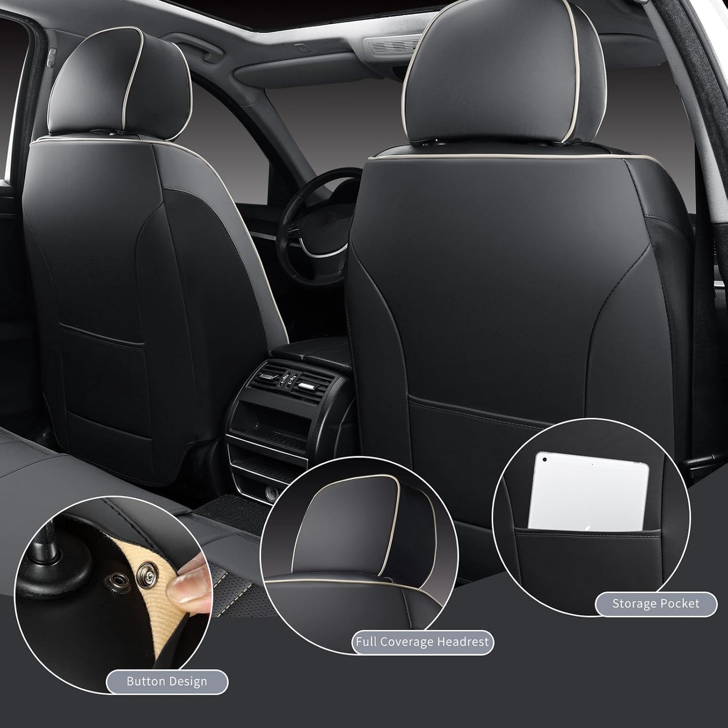 Seat Covers for Cars, Waterproof Seat Covers, Leather Car Seat Covers 2 Pack, Universal Seat Cushion Protector for Most Cars Black&Beige Line