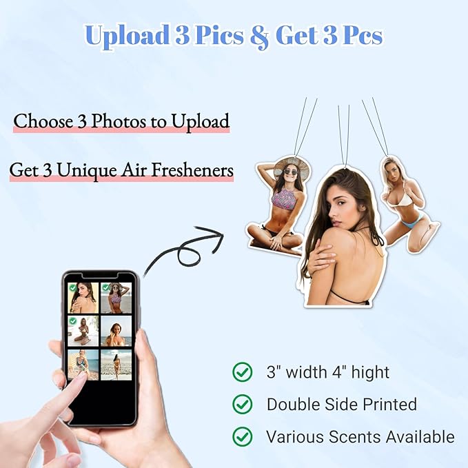 3pcs 1 Set Custom Car Air Freshener with 3 Unique Picture Photo Logo - Personalized Gifts for Valentine's Day Birthday Anniversary