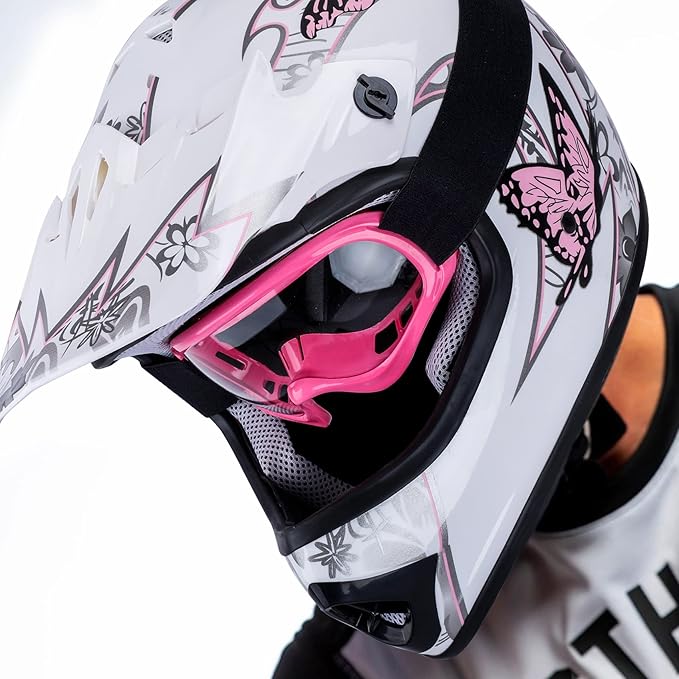 XFMT DOT Youth Kids Dirt Bike Helmet Full Face Motocross Helmets for Off-Road ATV Street Bike Four Wheeler Motorcycle with Goggles & Gloves, Pink Butterfly Small