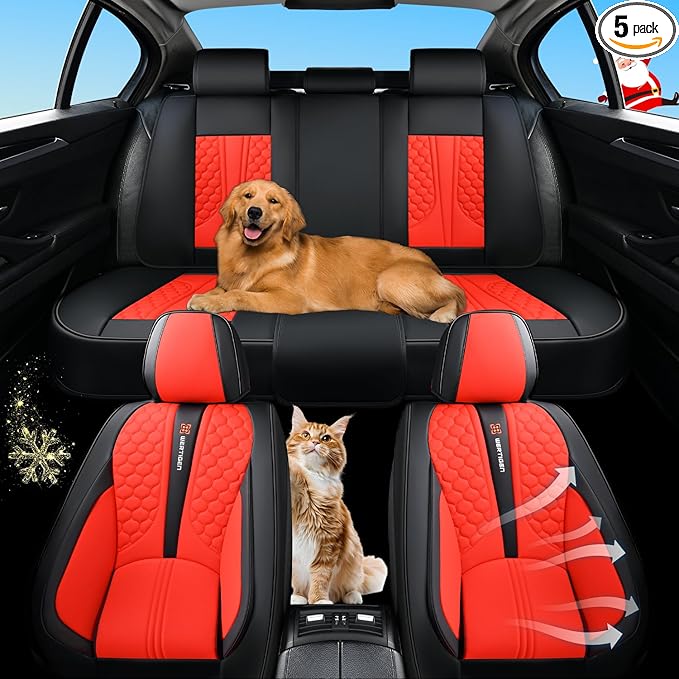 Red Car Seat Covers Full Set – Luxury Waterproof Leather Auto Seat Protector with Airbag Compatible Design, Breathable Non-Slip Cushion, Easy Installation, Fits Most Cars