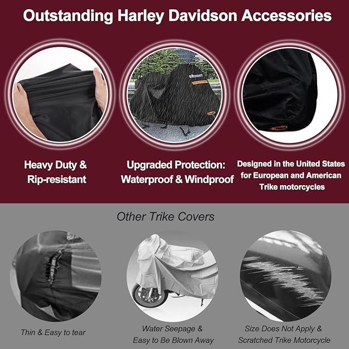 Trike Motorcycle Cover, Covers for 3 Wheel Harley Davidson Waterproof Outdoor Storage, Heavy Duty 420D Oxford Fabric Shelter for Honda, Tri Glide Cover with Zipper for Antenna, Rain Snow Protection