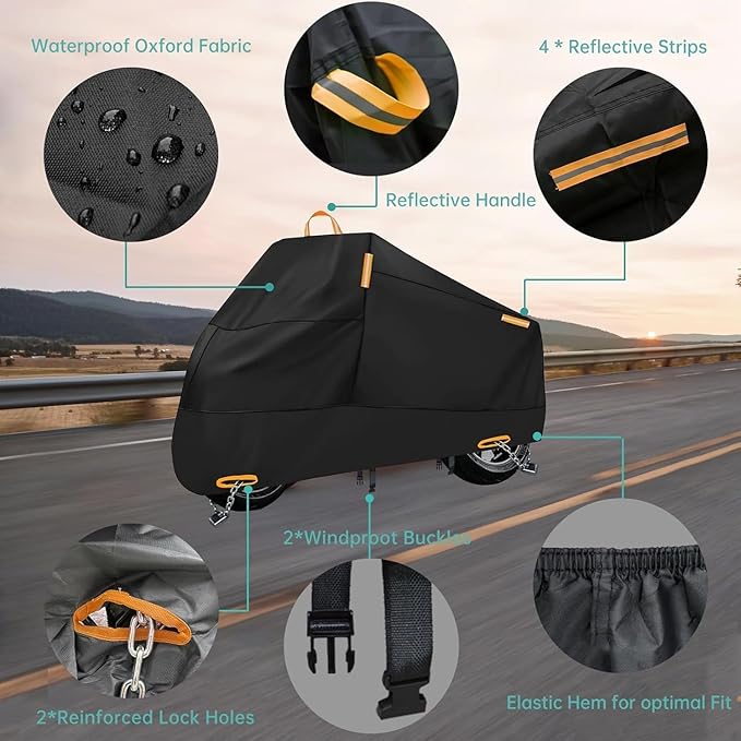 Motorcycle Cover Waterproof Outdoor, 300D Heavy Duty Motorcycle Cover for Harley Davidson Sportster 1200 883 Fat Boy 114 Street Bob, All Seasons Protection Scooter Cover Fits up to 86"