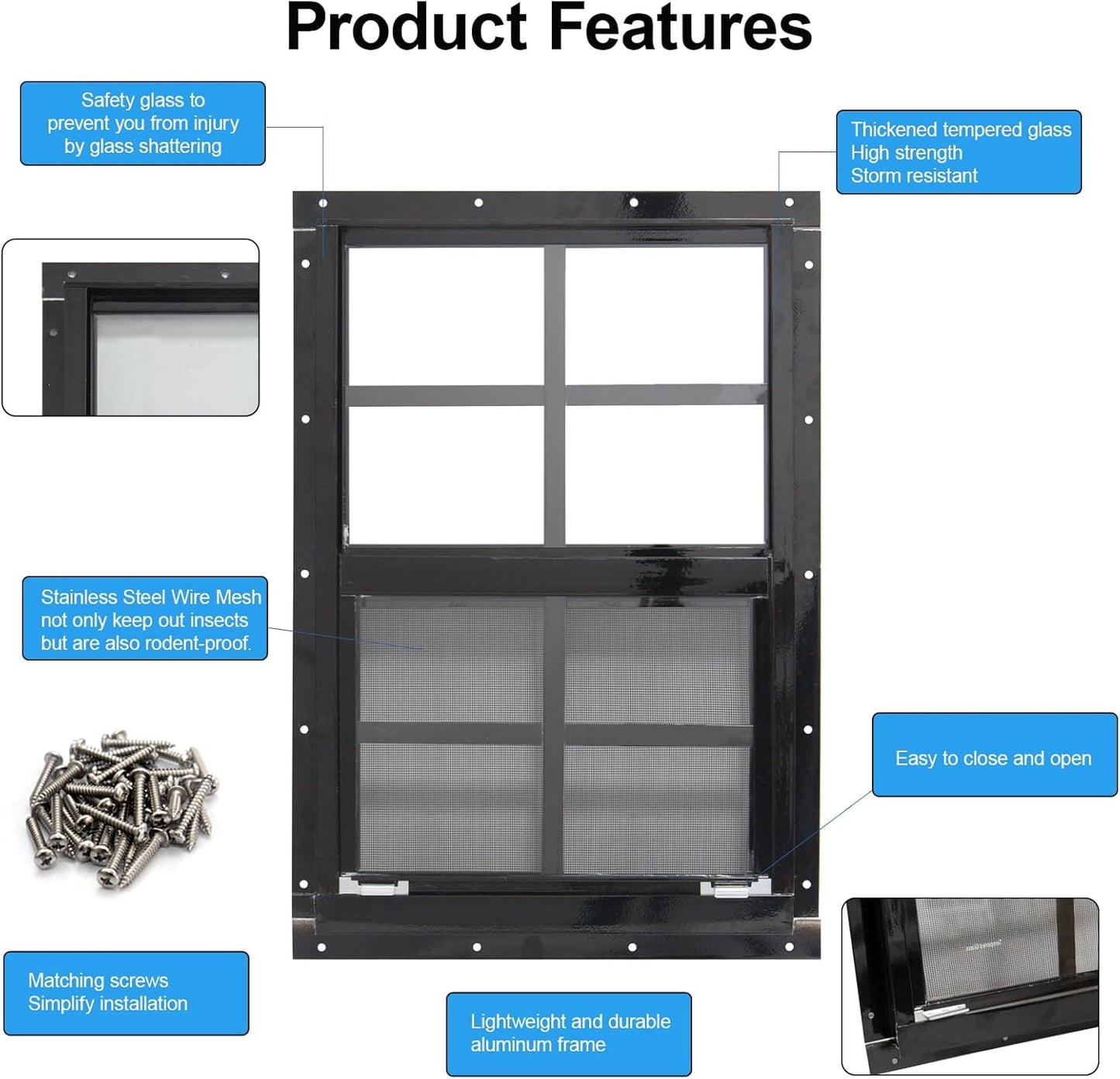 NeatiEase Upgraded Shed Windows 2 Pack, 18" x 27" Windows with Tempered Glass and Stainless Steel Screen for Shed, Chicken Coop, Playhouse, Household, Garage(Black)