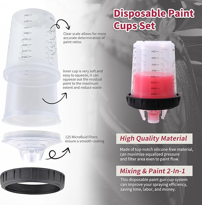 Disposable Paint Gun Cup, HVLP Paint Sprayer Gun Mixing Cups (6 Ounce Kit-50PCS)