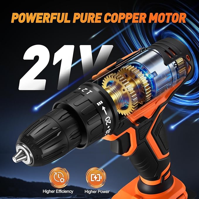 WORKBLESS Cordless Drill, Power Drill Set with 1 Battery and Charger, 40Nm, 20+1 Torque, 2 Speed, Keyless 3/8" Electric Screwdriver with LED Light, 28pcs Drill Bits Set(Orange)