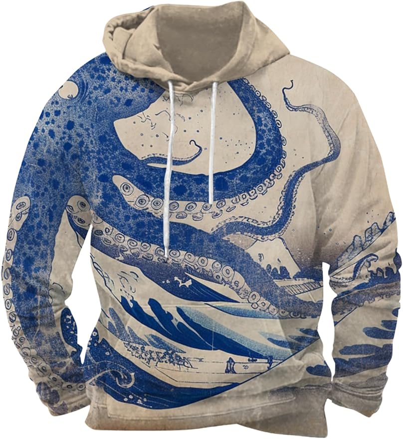 Mens Animal Print Graphic Hoodies Casual Long Sleeve Japanese Art Style Hooded Sweatshirt Lightweight Pullover Tops
