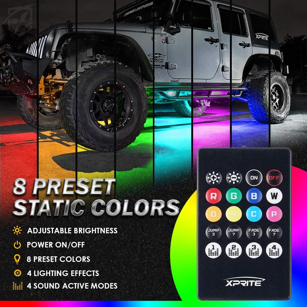 Xprite 4Pcs Underglow LED Lights for Cars, 8 Color RGB 252 LEDs Sound Active Function Music Mode Underglow Kit, Bluetooth APP & Remote Control, Waterproof Underbody Neon Strip Light for Car SUV Truck