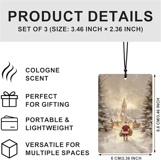 Christmas Car Air Freshener 3 Pcs, Vintage Winter Xmas Books Santa Cabin Pine Tree Forest Hanging Air Freshener for Cars Closet Drawer Books, Christmas Car Accessories for Women Men