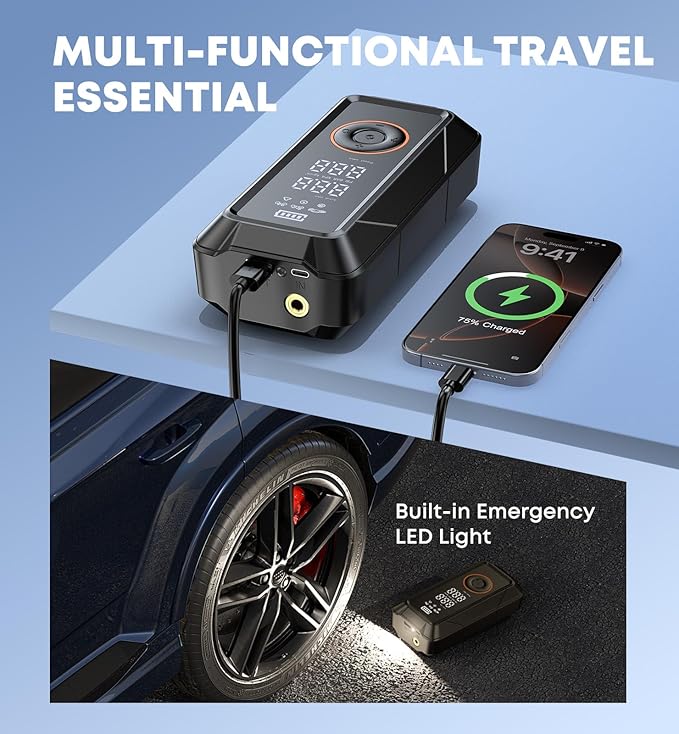 Tire Inflator Portable Air Compressor - Cordless & DC Inflation 4X Faster 150 PSI Portable Pump for Cars Bikes Motorcycles Balls with Pressure Gauge Function Air Compressor Tires Pump