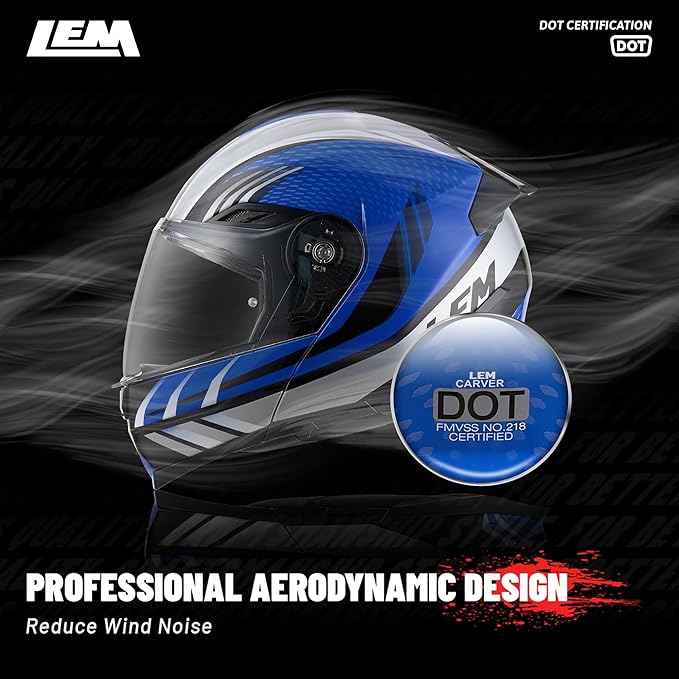 LEM Modular Motorcycle Helmets Fiberglass, Full Face Motorcycle Helmet Flip Up for Touring, DOT Certified, Release Sun Visor & Removable Comfort Liner, Lightweight Street Bike Helmet (Blue, M)