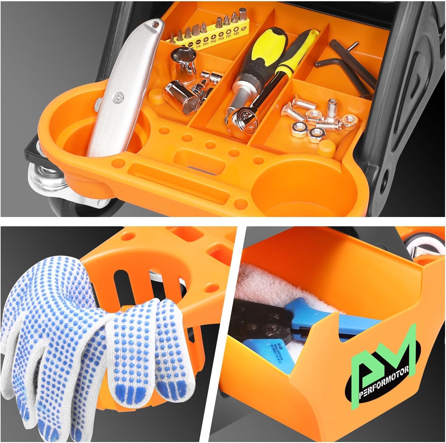 PM PERFORMOTOR Mechanic Stool - 25-1/2" x 13" x 12" (L x H x W), Rolling Work Seat w/Lockable Swivel Wheels and Storage Tool Tray, Orange,PM-TOL-CRS-OG