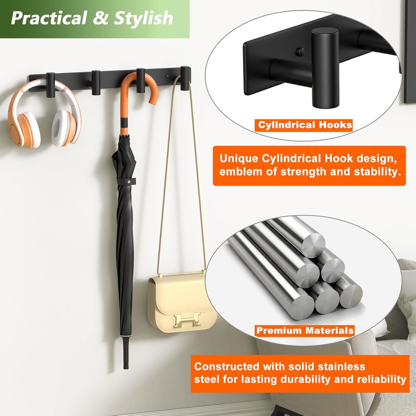 Wall Mounted Coat Rack-4 Hooks, Heavy Duty Stainless Steel Hook Rail for Towel Coat Hat Purse Bag Jacket, Towel Hooks for Entryway Bathroom Kitchen (Black 4 Hooks - 1 Pack)