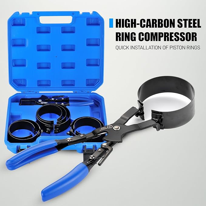 8 Piece Piston Ring Compressor Tool Set with Piston Ring Pliers and 7 Piston Rings from 2-7/8" to 4-5/8"(73mm-117mm), Ring Compressor for Car Engine