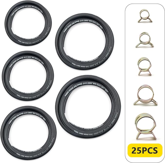 Fuel Line Hose Kit 5FT 5PCS With 25Pcs Clamps, 3/8" 5/16" 1/4" 1/2" 3/16" ID High Performance 300PSI, Push Lock Reinforced Rubber NBR Automotive Fuel Line For Small Engines