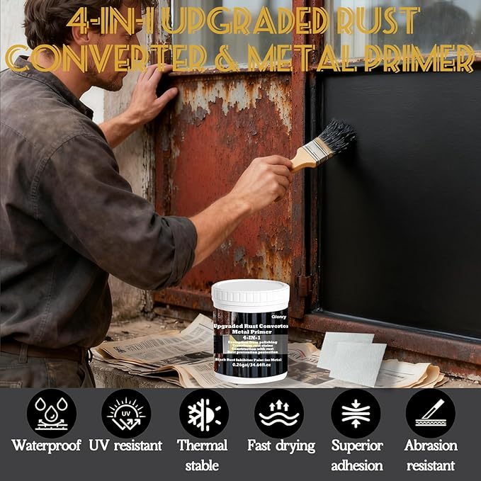 4-in-1 Upgraded Rust Converter & Metal Primer,0.26Gal/34.64Fl.oz Black Rust Inhibitor Paint for Metal, Heat Resistance & UV Resistant Automotive Water Based Rust Reformer Rust Paint