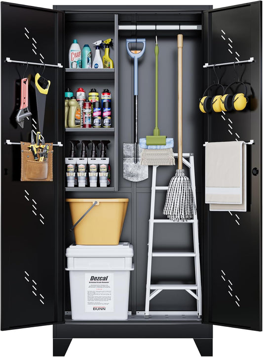 75" Taller Metal Garage Storage Cabinet,Tool Chest, Large Office Storage Cabinet with Lock Doors, Stainless Steel Bottom Plate with Holes,Utility Room Organization(H75* D16.53*L33.85)(Black)