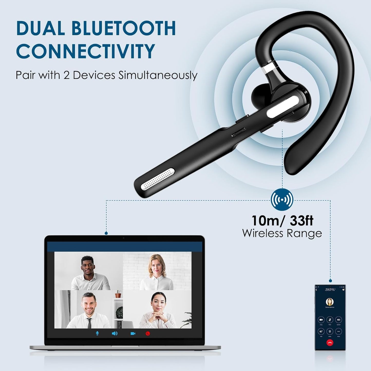 Bluetooth Headset, Wireless Bluetooth Earpiece V5.0 Hands-Free Earphones with Built-in Mic for Driving/Business/Office, Compatible with iPhone and Android (Black)