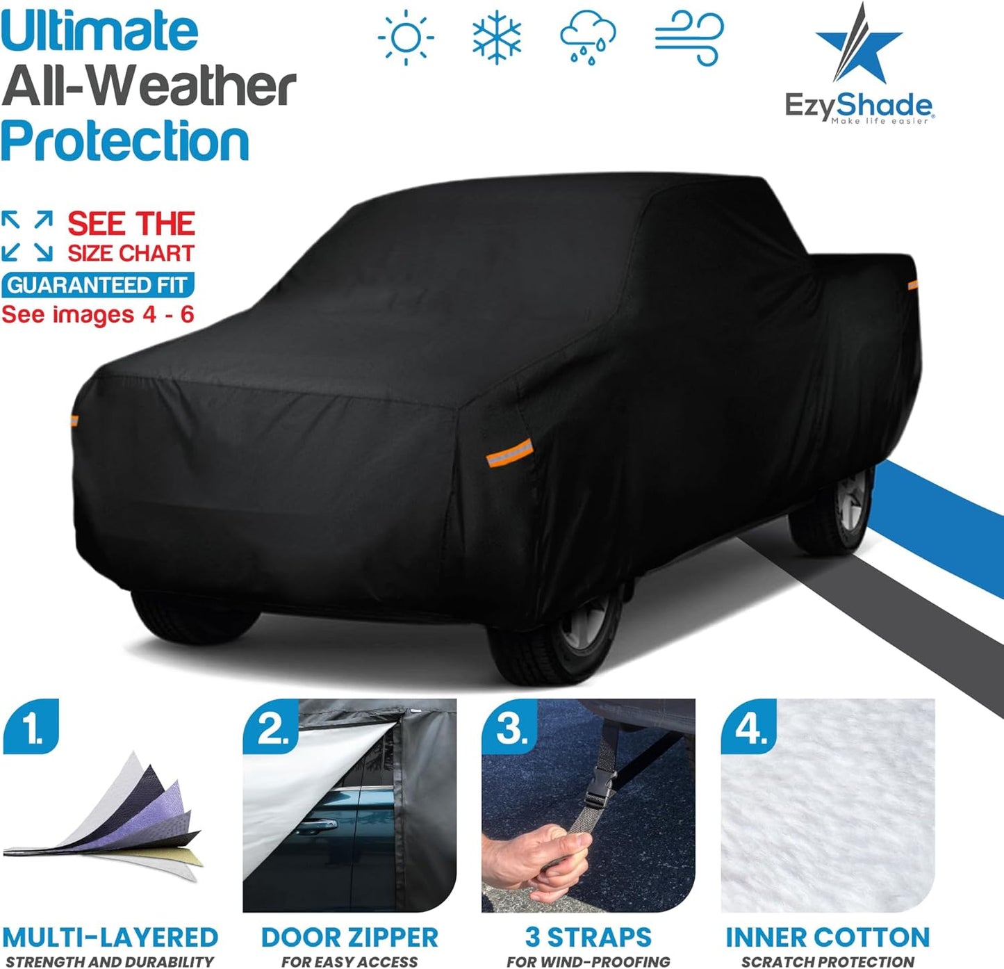 EzyShade 10-Layer Truck Cover Waterproof All Weather. See Vehicle Size-Chart for Accurate Fit. Outdoor Pickup Truck Covers - F250 F150 Tundra Titan. Sun Snow Rain. Black, Size T5 (See SizeChart)