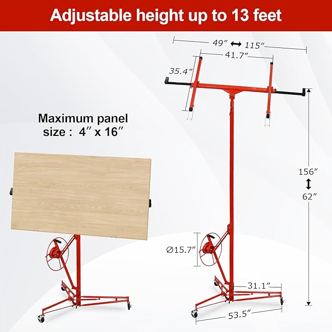13FT Drywall Lift Sheetrock Lift, 150LBS Capacity, Drywall Lift Panel Hoist with Telescopic Arm, Drywall Jack Lift with 3 Lockable Wheels for Home Improvement Classic, 4'x16' Panel Size, Red