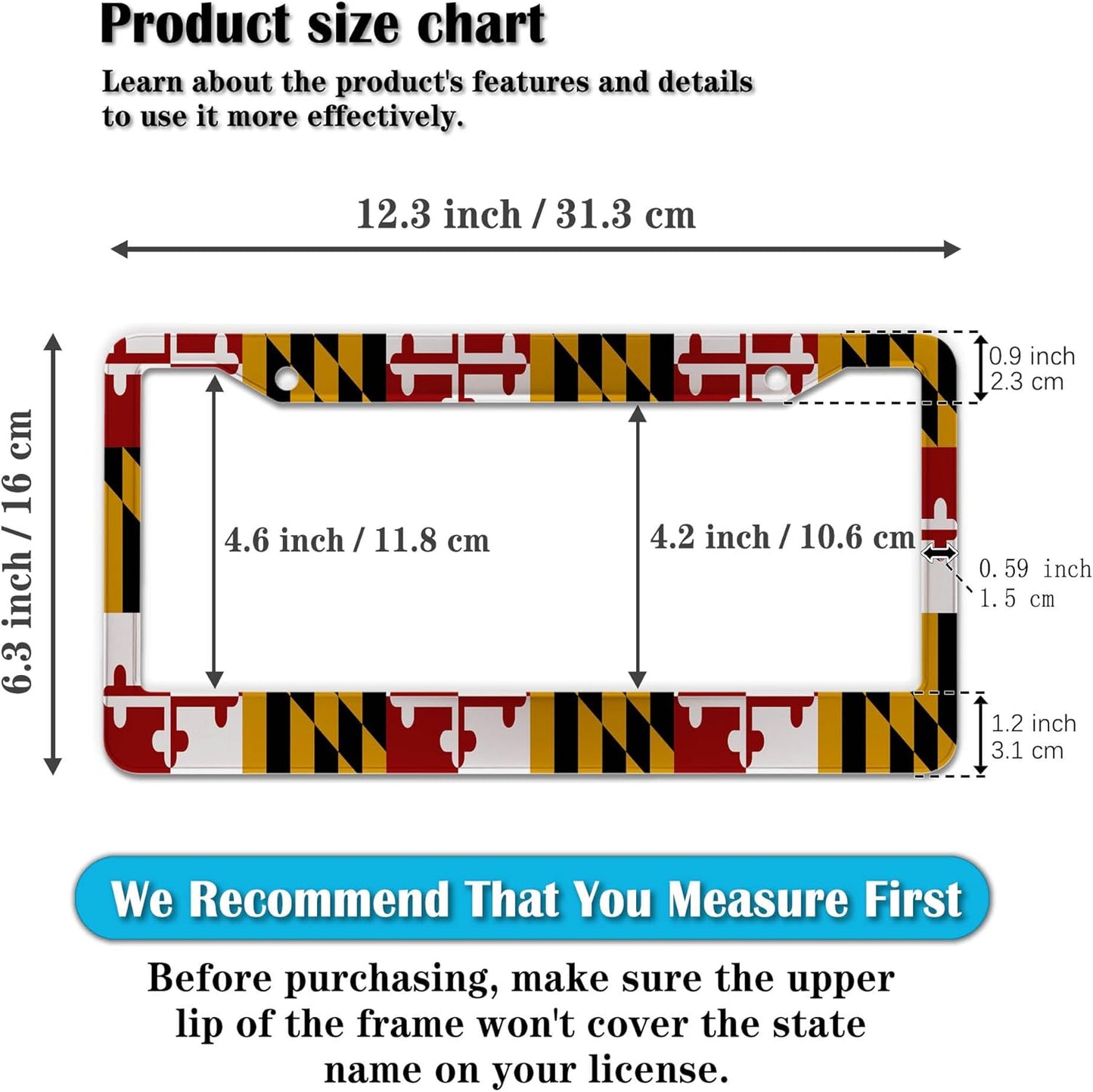 Front License Plate Bracket Multicolor License Plate Frames Flag of Maryland Universal Aluminum Car Accessory 2 Pack with Screw Covers Set