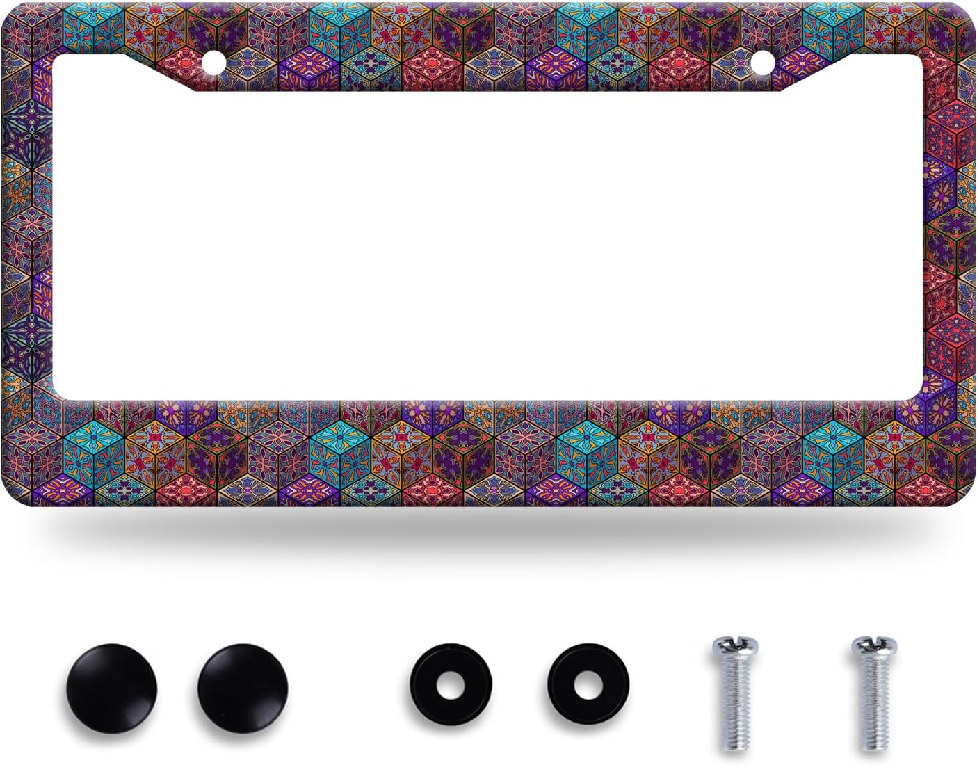 Mexican Tiles License Plate Frame Three-Dimensional Tiles License Plate Frames Stainless Steel Accessories Cars Decor with 2 Holes and Screws Fits Standard US CA Vehicles Size 12.2 x 6 Inches